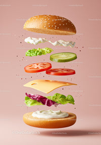 Deconstructed fresh veggie sandwich ingredients floating