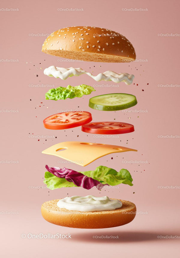 Deconstructed fresh veggie sandwich ingredients floating