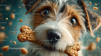 Close-up of Brown and White Puppy with Biscuit in a Dynamic Scene