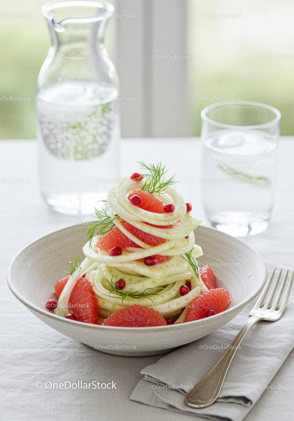 Fresh fennel and grapefruit salad with pomegranate seeds