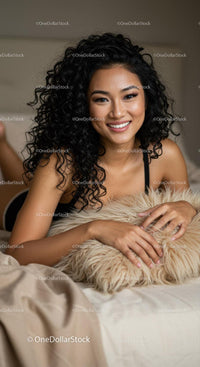 Smiling woman with curly hair relaxing on bed