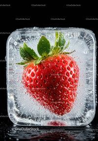 Fresh strawberry frozen inside clear ice cube