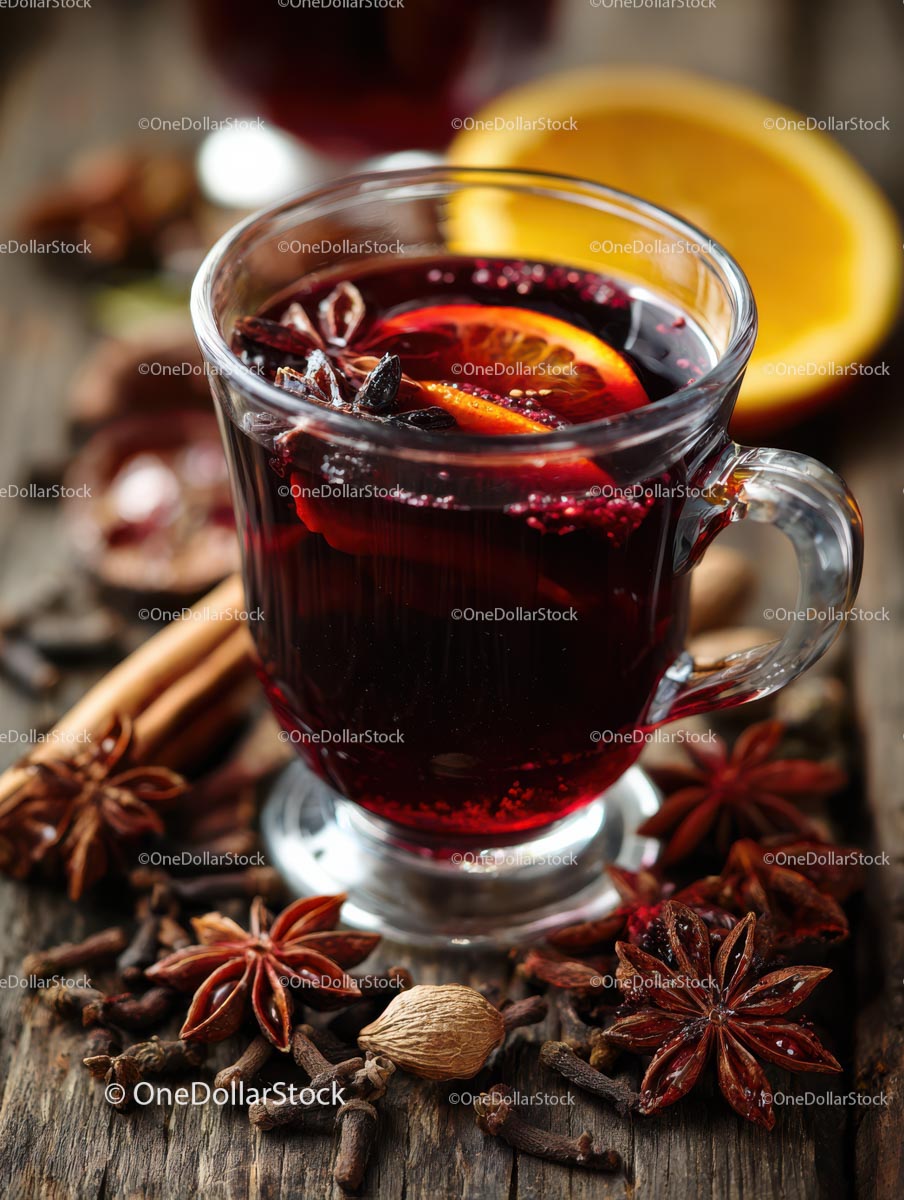 Delicious Mulled Wine with Citrus and Spices in a Glass Mug