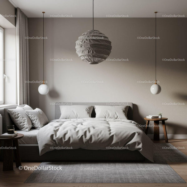 Nowoczesna minimalistyczna sypialnia z lampami wiszącymi i przytulnym łóżkiem