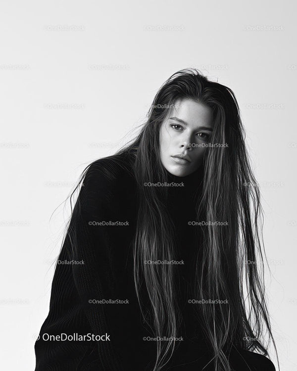Elegancki Portret Kobiety z Długimi Mokrymi Włosami w Stylu Monochromatycznym