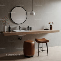 Modern minimalist vanity area with leather stool and decorative accents