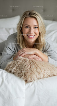 Smiling young woman relaxing in cozy bedroom setting