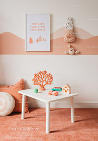 Cute Children's Room Decor with Wall Art and Toys in Pastel Pink and White