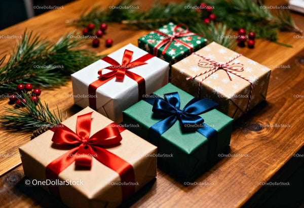 Neatly Wrapped Christmas Gifts on Wooden Table