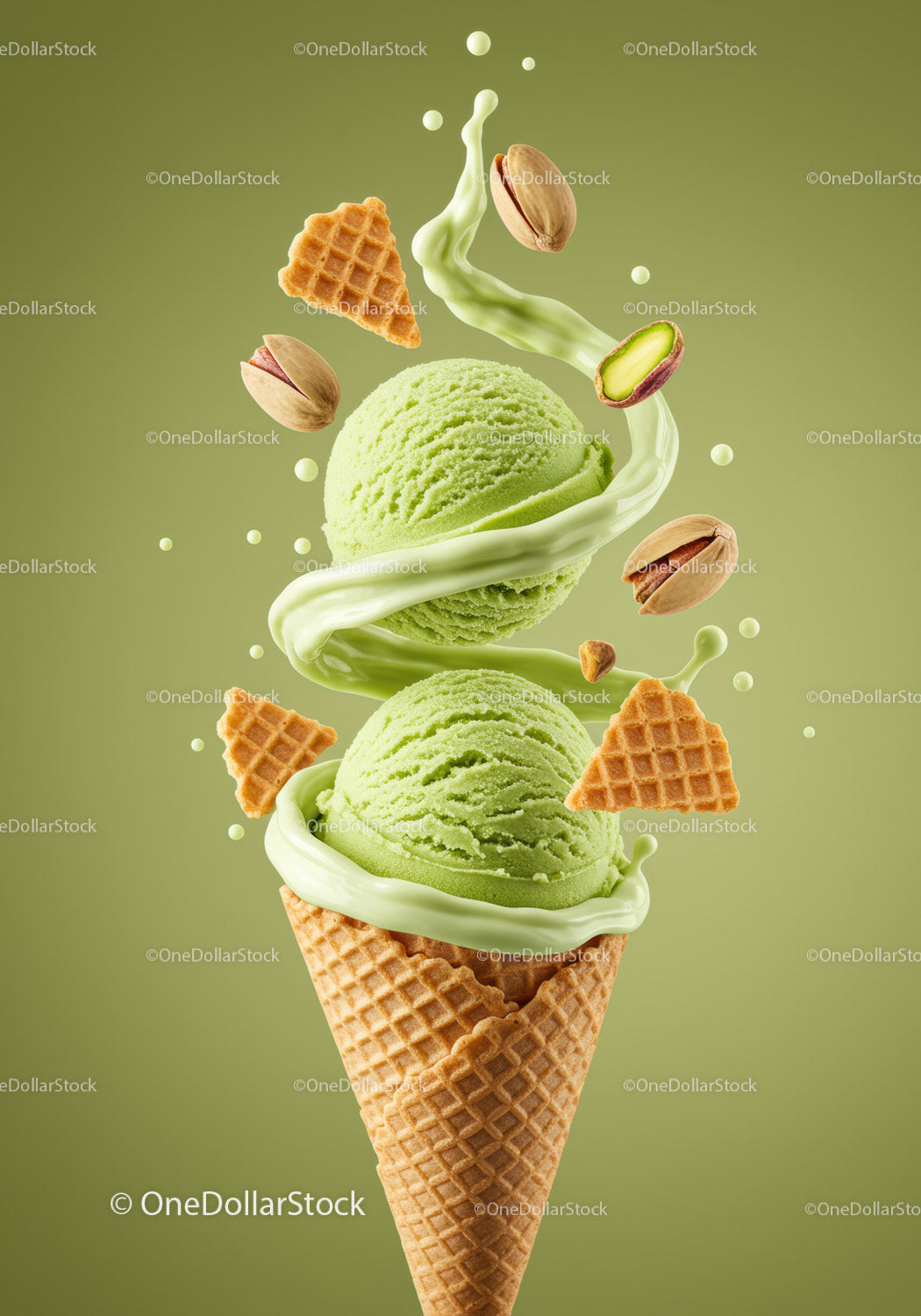 Zielone lody pistacjowe z wirującą bitą śmietaną i orzechami