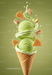 Green pistachio ice cream with swirling cream and nuts