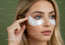 Close-up of Woman with Blue Eyes Applying Eye Mask for Beauty