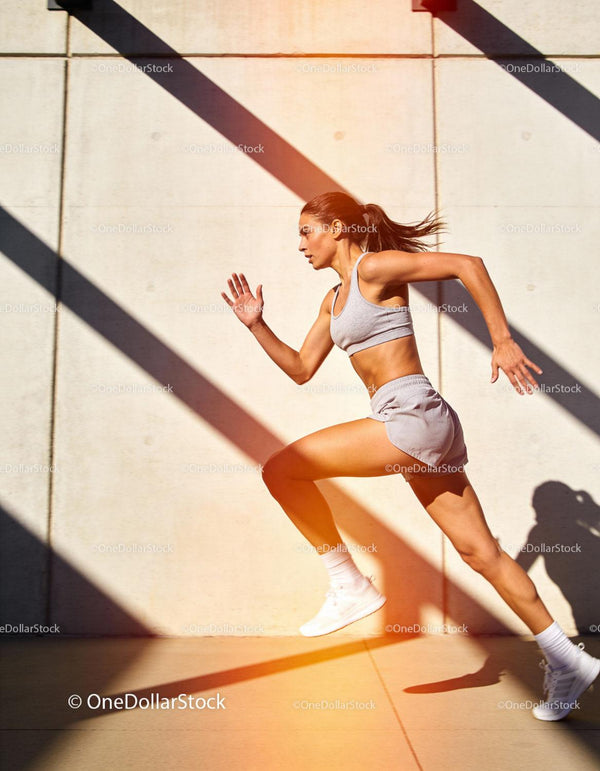 Athletic woman sprinting outdoors with powerful stride