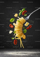Floating spaghetti fork with sun-dried tomatoes and basil