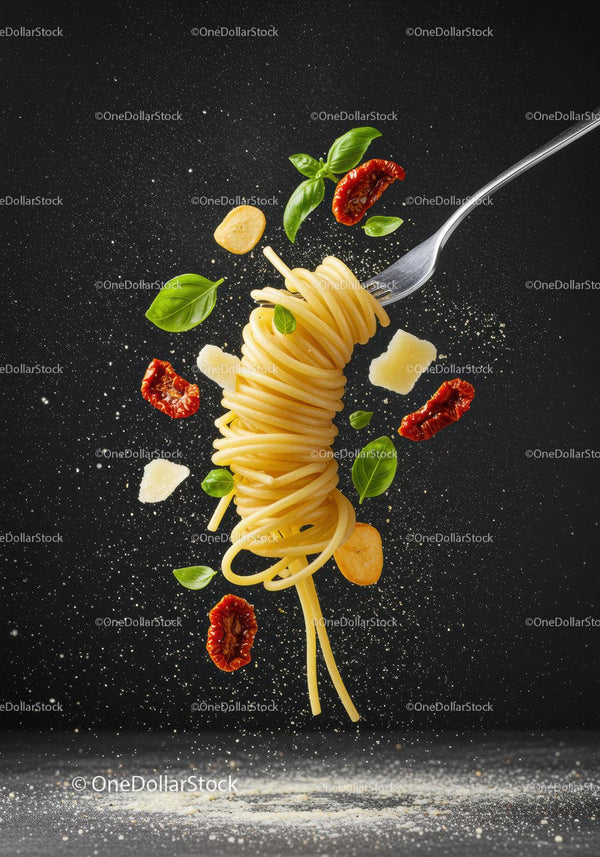 Floating spaghetti fork with sun-dried tomatoes and basil