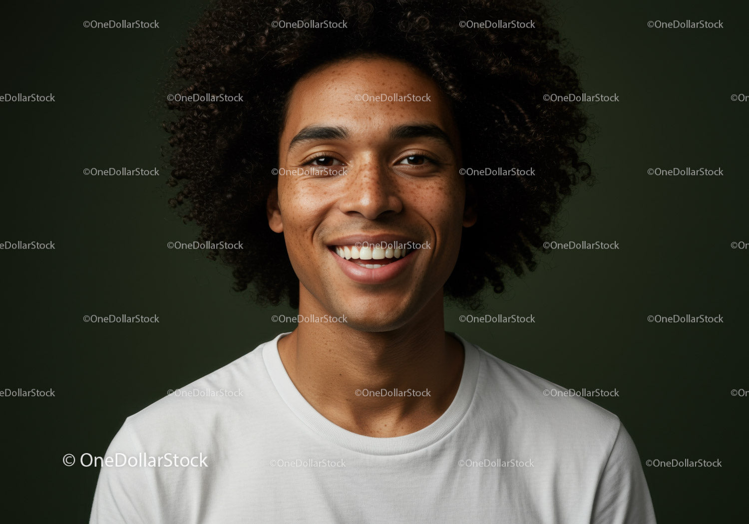 Vibrant Smiling Man with Curly Hair in Casual Wear for Stock Photography