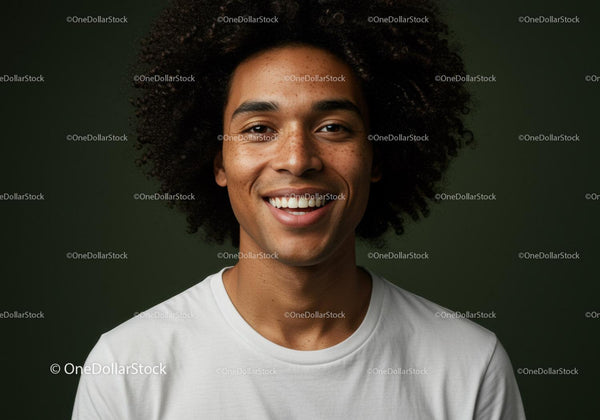 Vibrant Smiling Man with Curly Hair in Casual Wear for Stock Photography