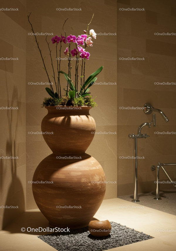Elegant Orchid Arrangement in Large Clay Vase for Modern Interior Decor