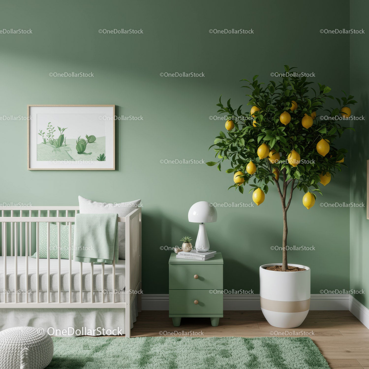 Bright Nursery Room with Green Walls and Lemon Tree for Relaxing Home Decor