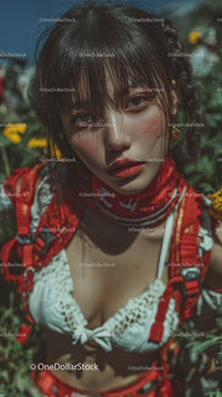 Young Woman Outdoor Portrait in Vibrant Red Amid Green Foliage