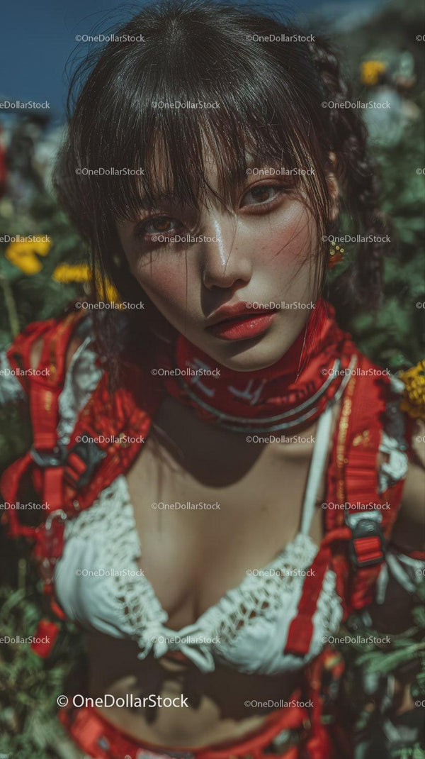 Young Woman Outdoor Portrait in Vibrant Red Amid Green Foliage