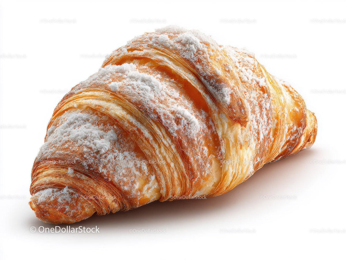 Fresh Croissant with Powdered Sugar on White Background
