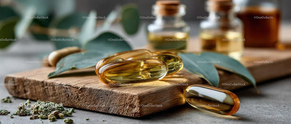 Herbal Supplements with Green Leaves on Rustic Wooden Surface