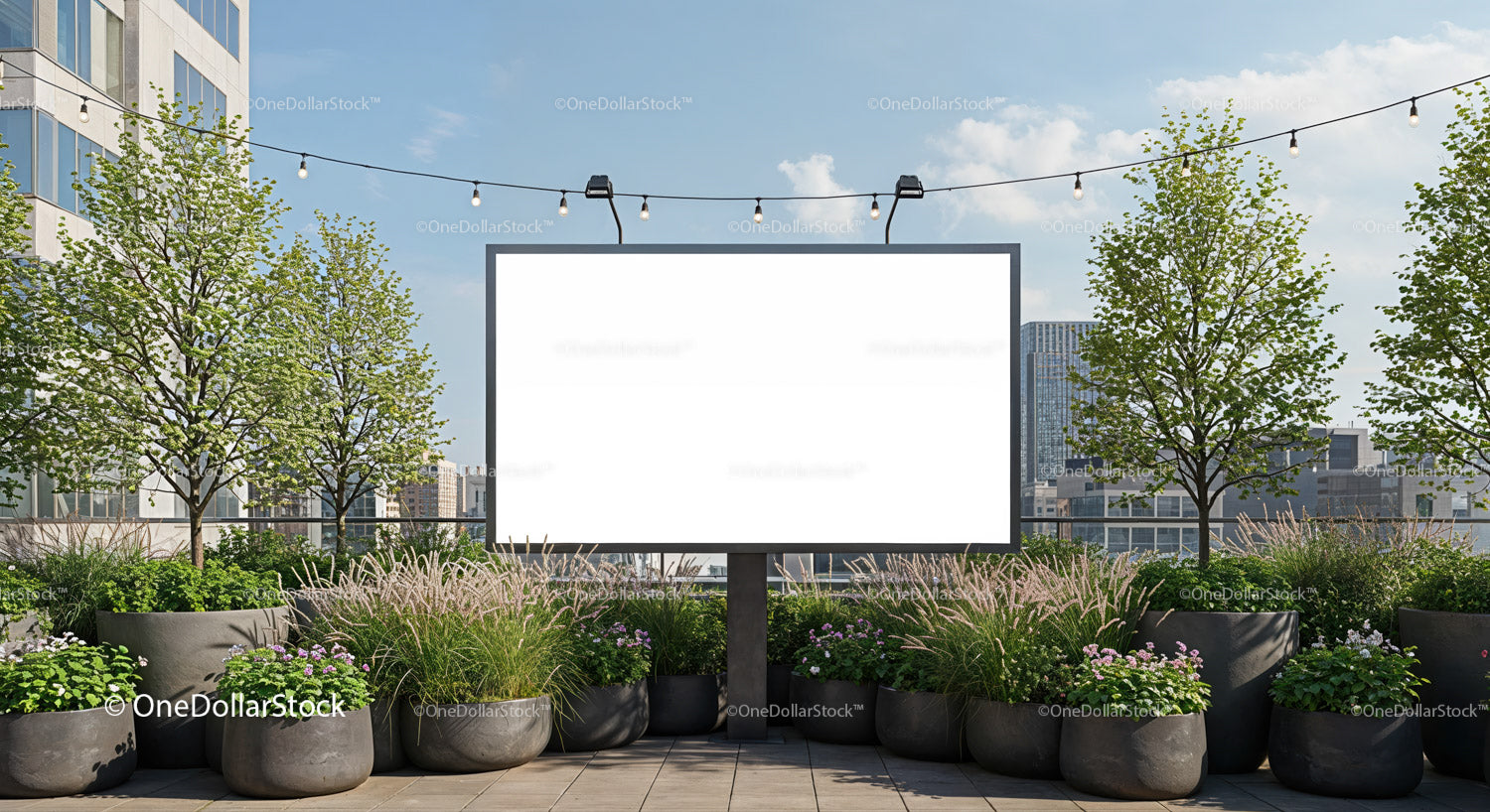 Blank Outdoor Billboard Surrounded by Greenery on Rooftop