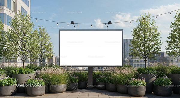 Blank Outdoor Billboard Surrounded by Greenery on Rooftop JPG Mockup Image
