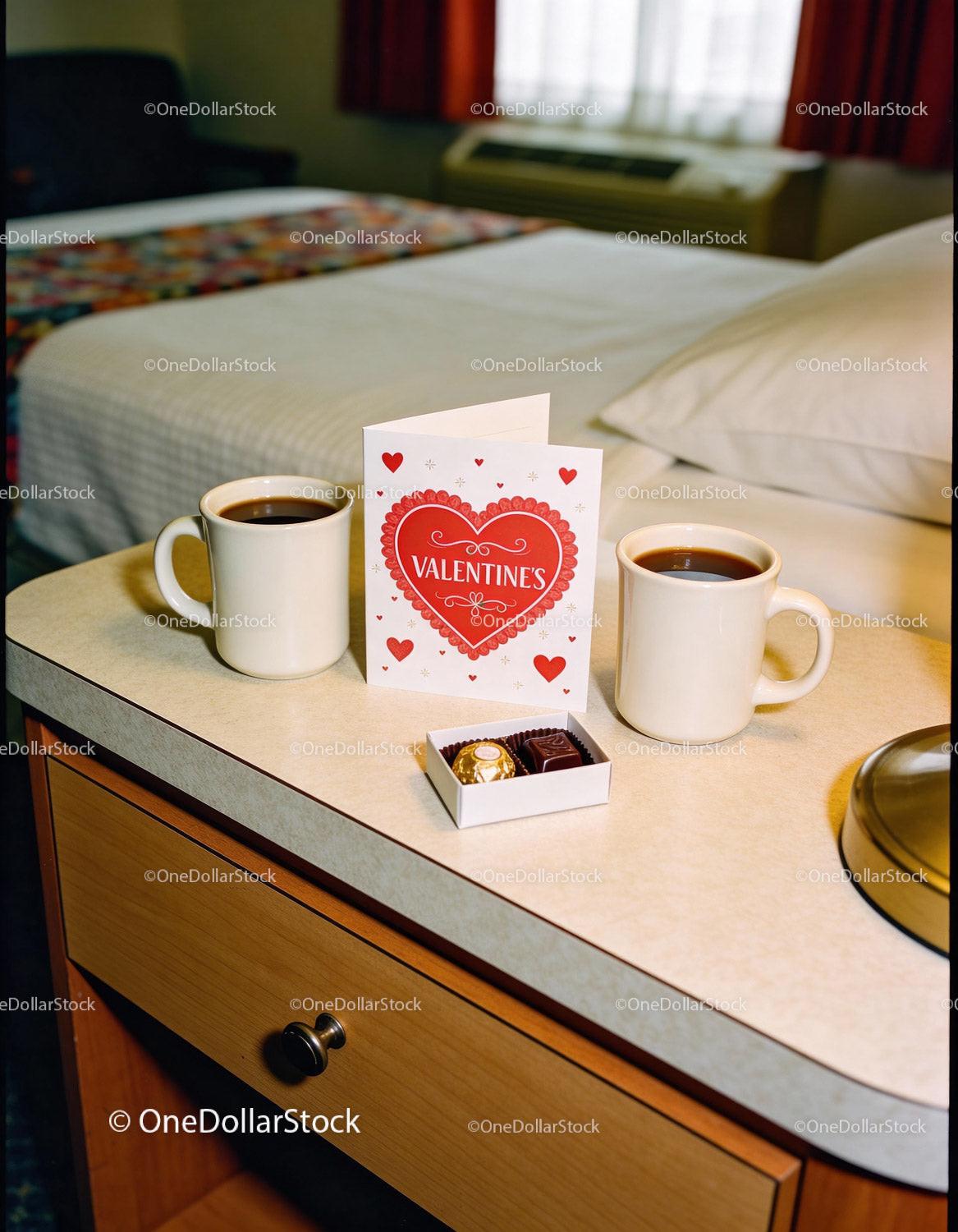 Two Coffee Mugs with Valentines Card and Chocolates on Table