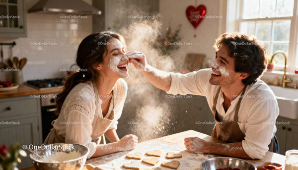 Couple sharing laughter while baking heart shaped cookies