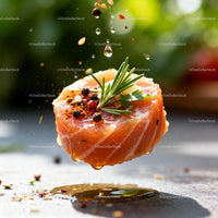 Fresh Salmon Slice with Herbs and Spices Drizzled with Oil