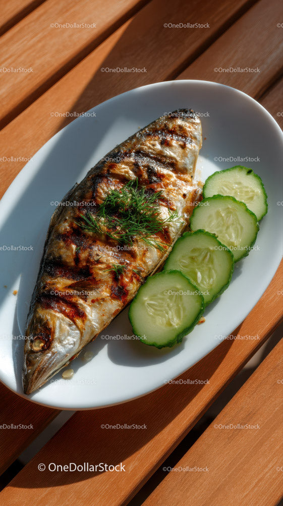 Grilled Fish with Cucumber Slices on Rustic Wooden Table