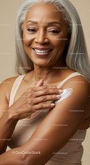 Elderly Woman Applying Sunscreen with a Warm Smile