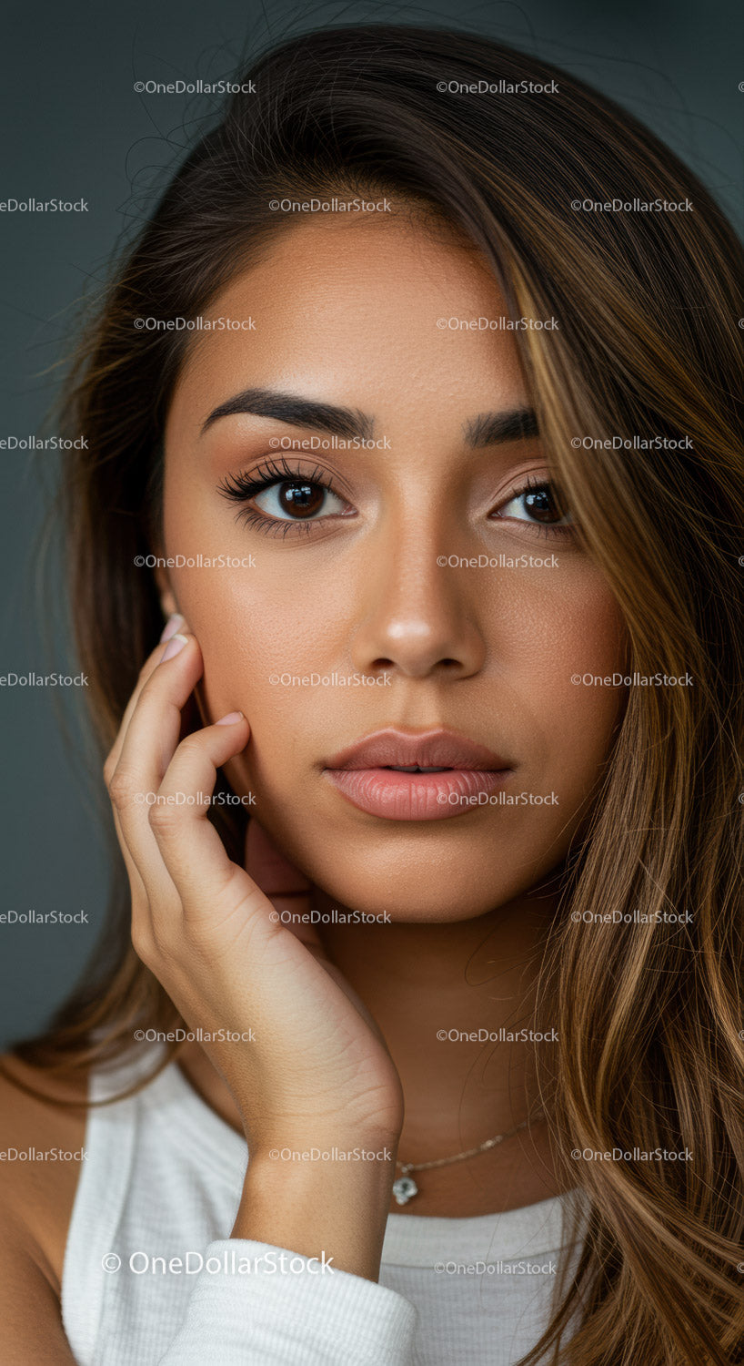 Beautiful Woman with Brown Eyes and Long Hair in Elegant Portrait