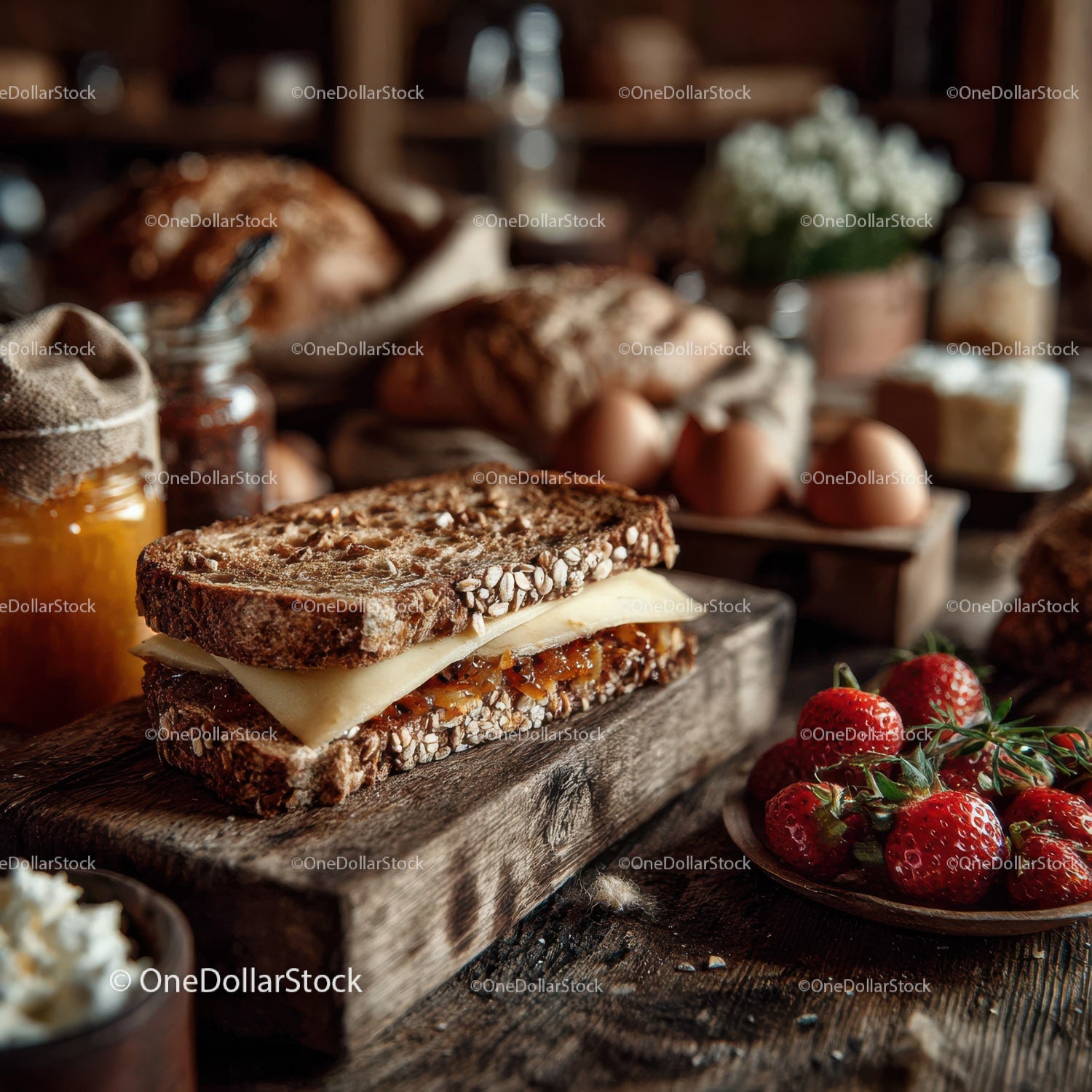 Fresh Whole Grain Bread with Cheese and Ripe Strawberries