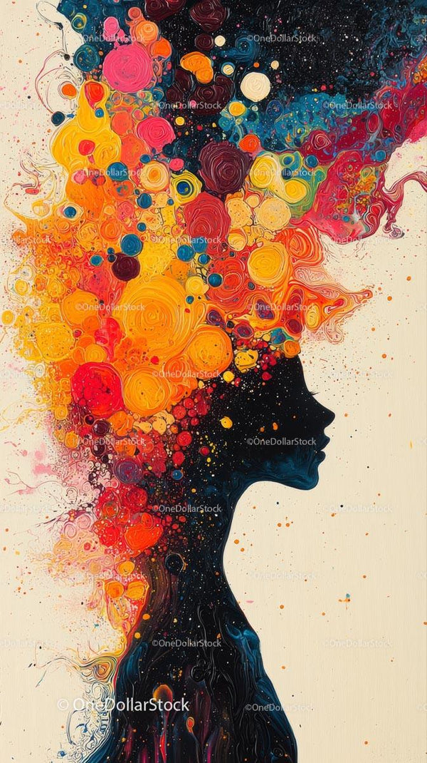 Abstract Female Silhouette with Vivid Color Swirls and Patterns