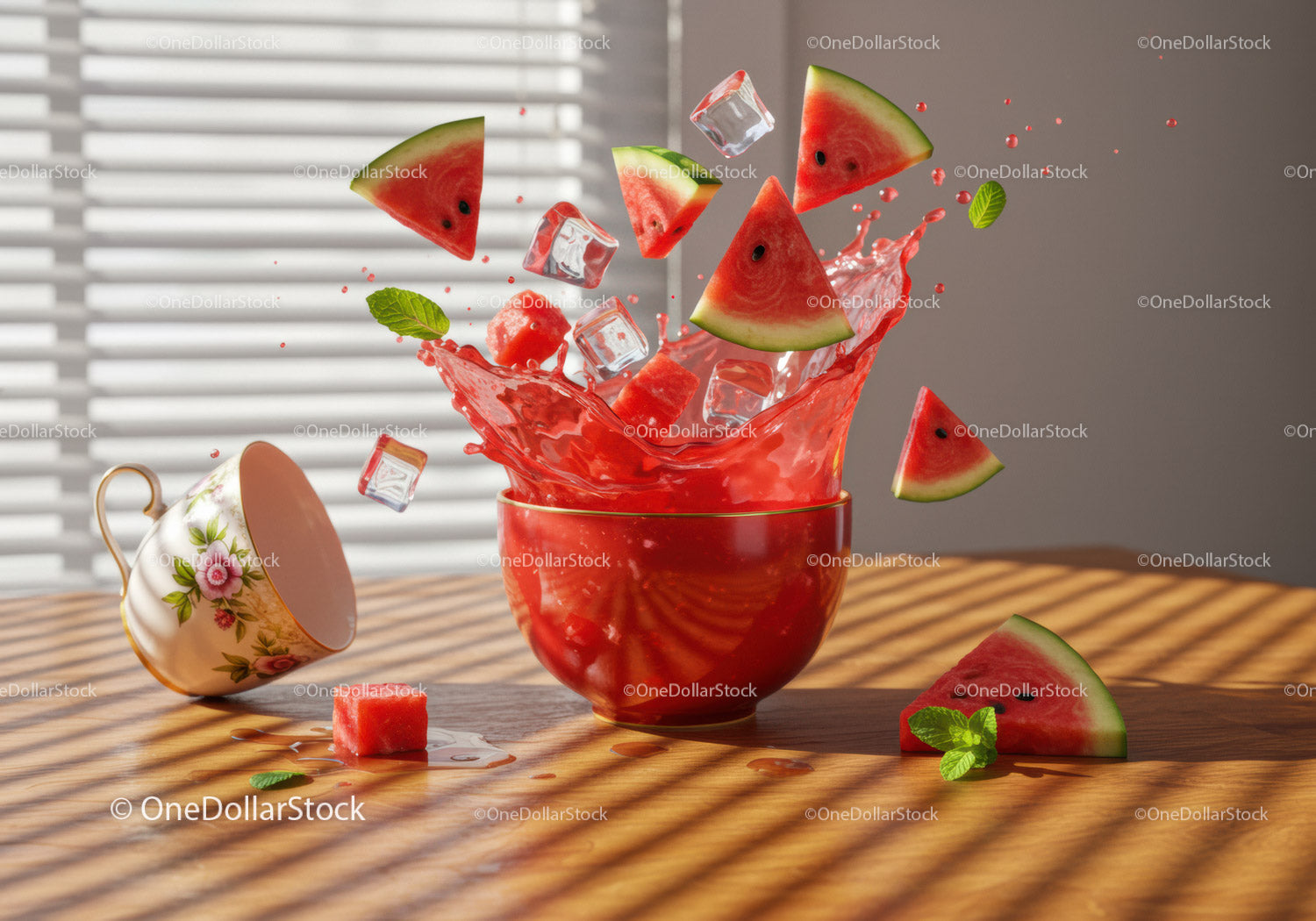 Fresh Watermelon Splash with Ice Cubes and Mint Leaves