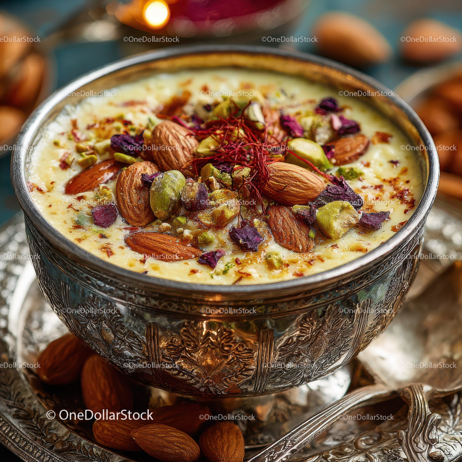 Decorative Saffron and Nut Dessert in Silver Bowl for Festive Occasions