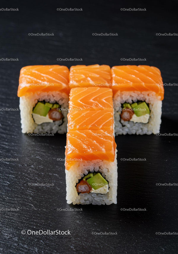 Świeże rolki sushi z łososiem i awokado na czarnej talerzu