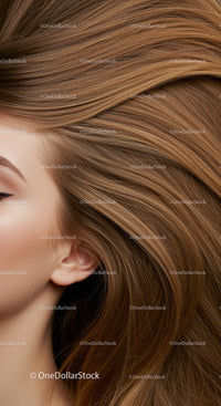 Smooth brown hair flows over woman face profile