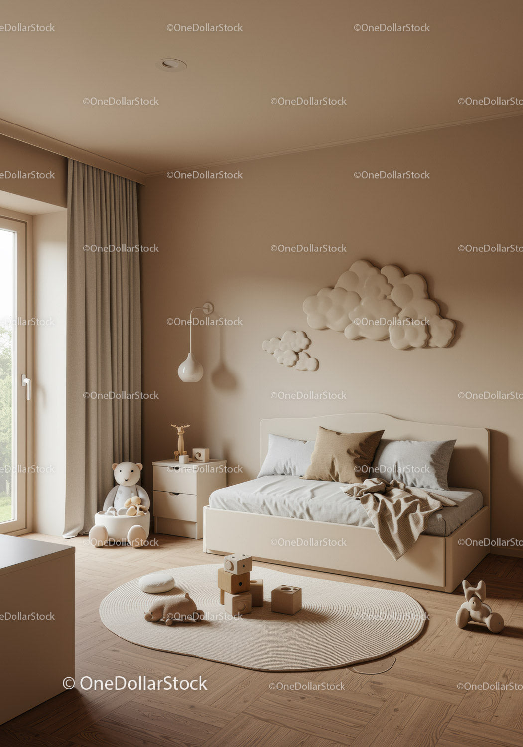 Children's Bedroom with Cloud Wall Art and Plush Toys