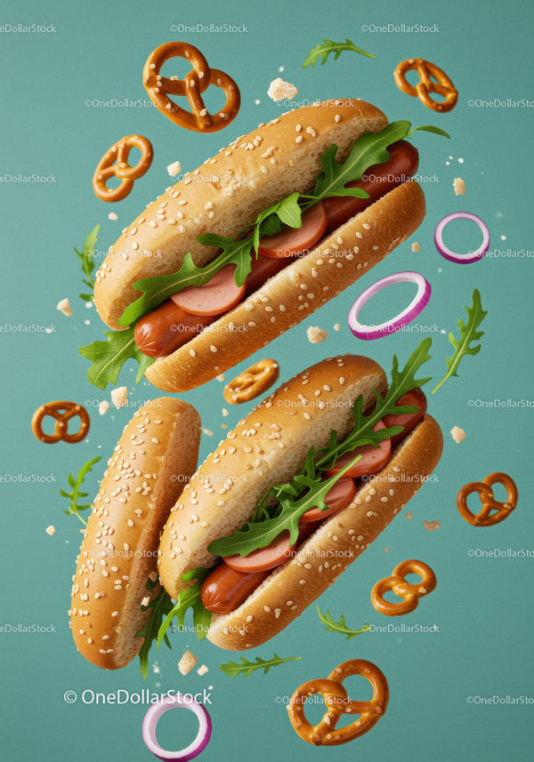 Fresh hot dogs with arugula and pretzels on blue