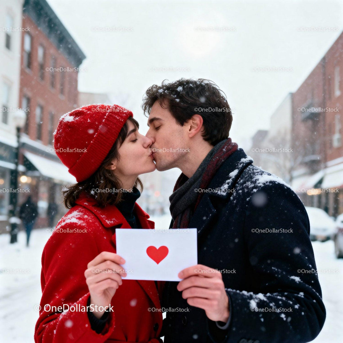Couple Sharing a Kiss with Heart Card in Snowy Street