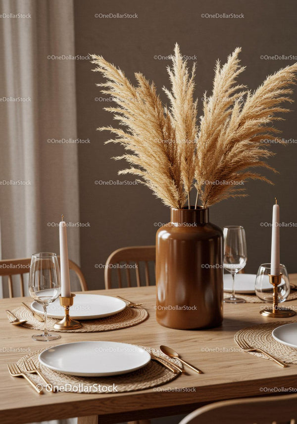 Elegant Dining Table with Pampas Grass Centerpiece in Modern Home