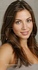 Elegant young woman with brown hair and bright smile