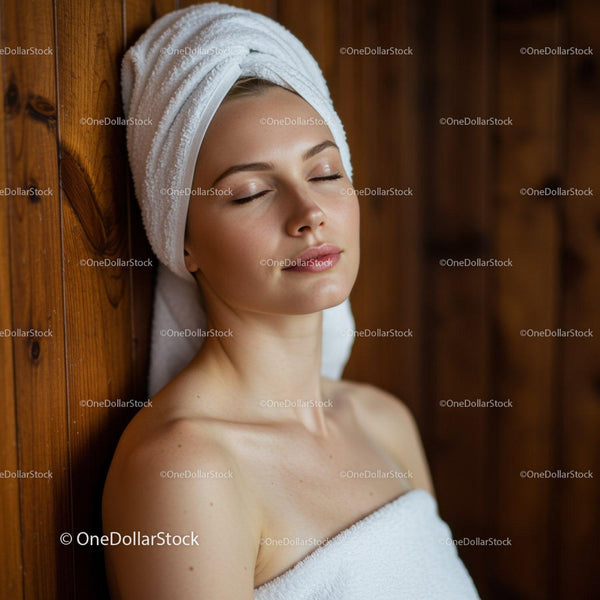 Zrelaksowana kobieta z ręcznikiem cicho ciesząca się chwilą w saunie lub spa