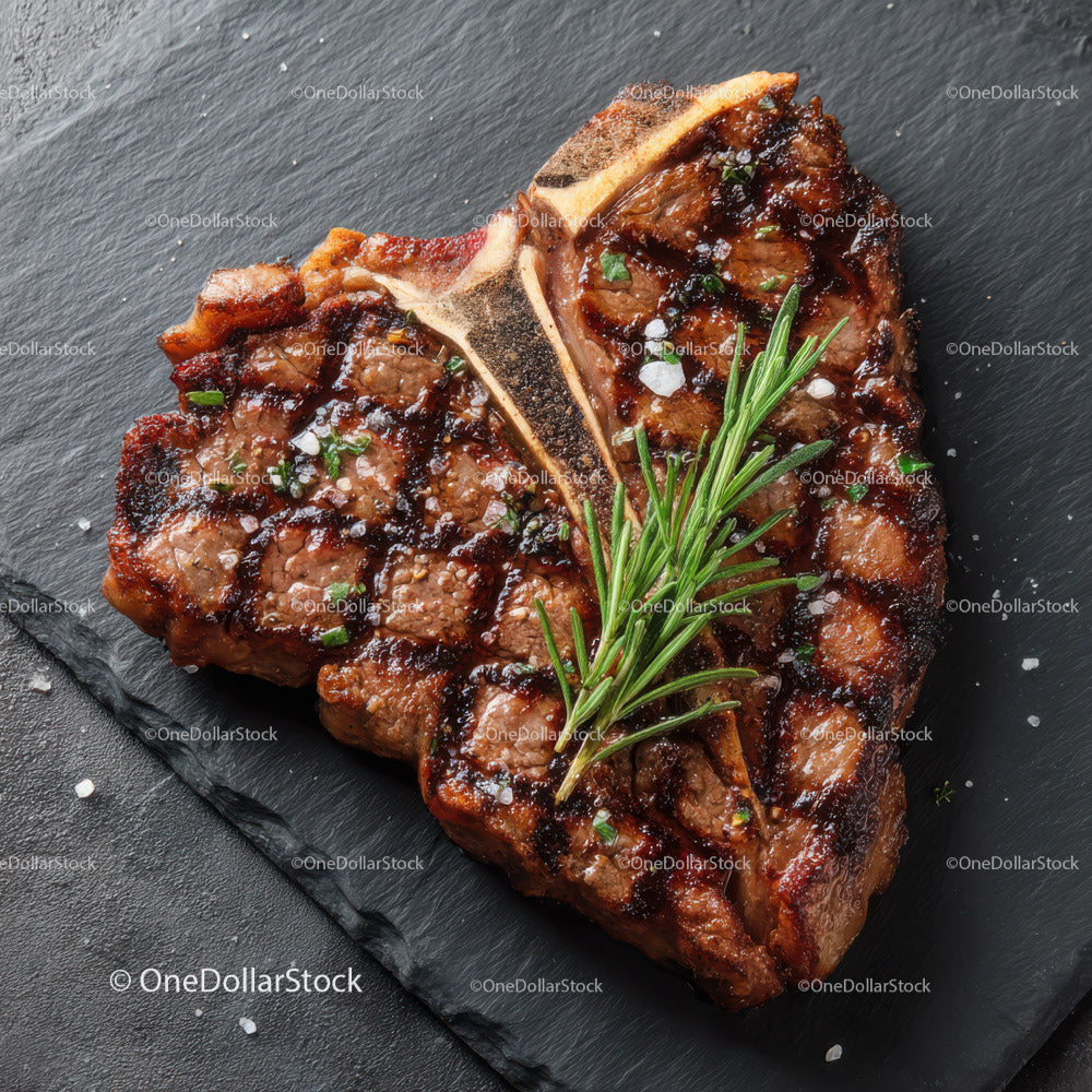Juicy Grilled Beef Steak with Rosemary on Black Slate Plate