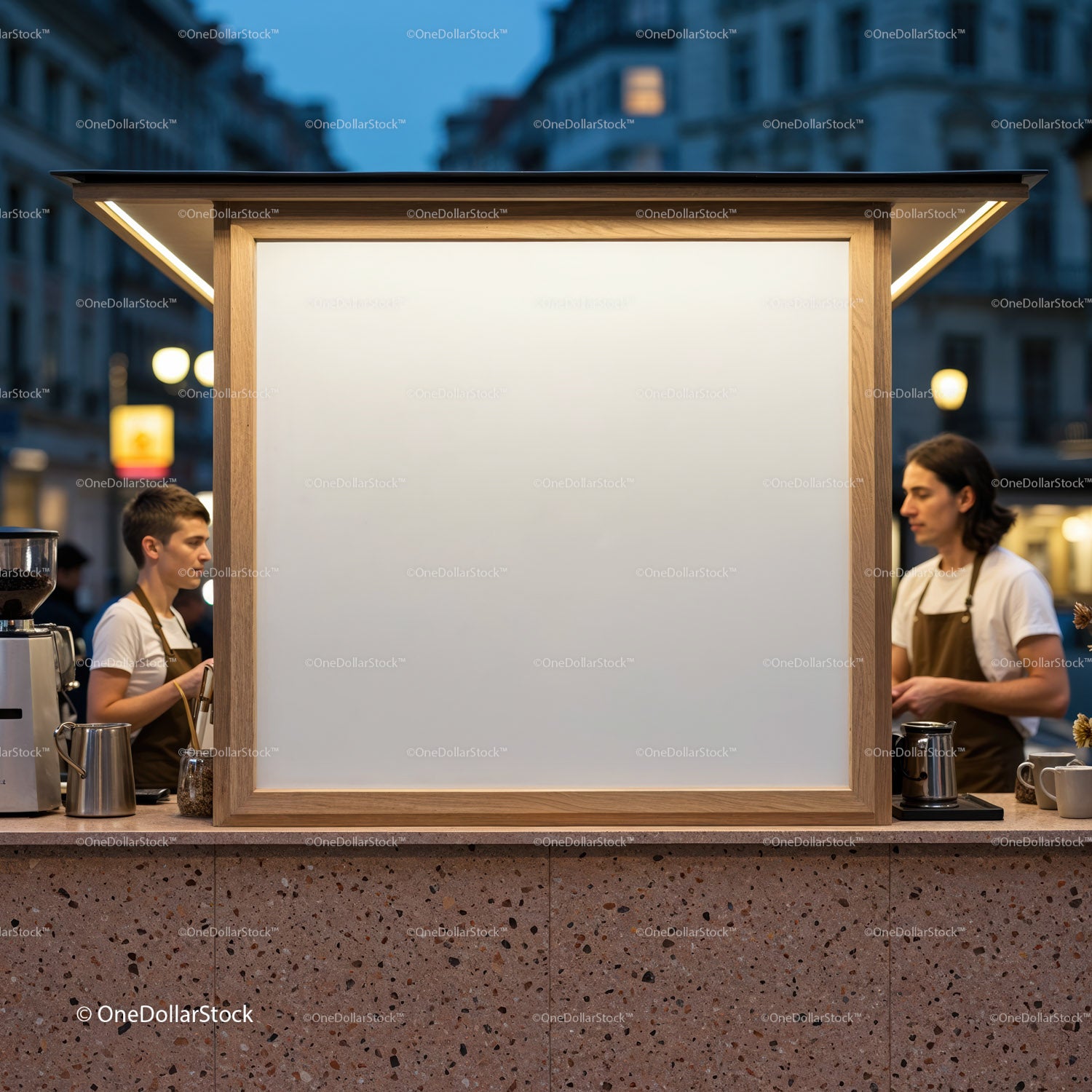 Baristas preparing coffee at outdoor urban kiosk in evening