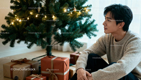 Thoughtful young man sitting near Christmas tree with gifts